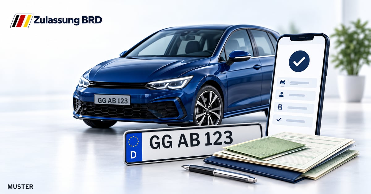 Online Fahrzeugzulassung in Rüsselsheim: Musterkennzeichen GG AB 123, Auto und Fahrzeugpapiere und Smartphone. Illustration mit Logo von Zulassung BRD.